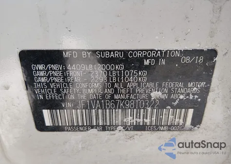 2019 Subaru Wrx Premium из США, поврежденный, VIN JF1VA1B67K9810322